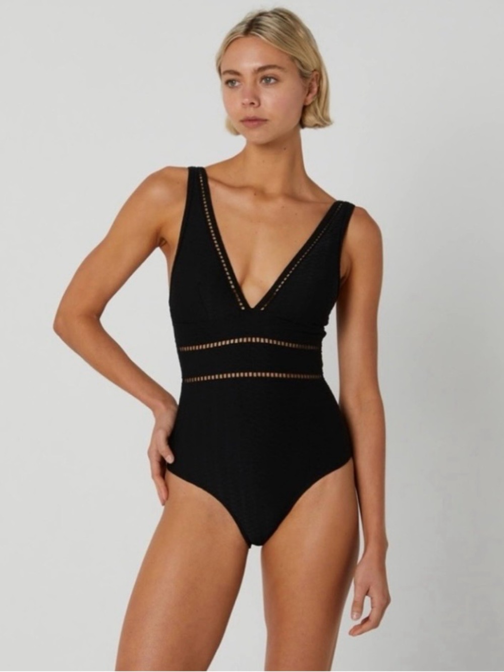 NWOT Sea Level Swim Australia Spliced One Piece Swimsuit Black US 6 Mesh Plunge